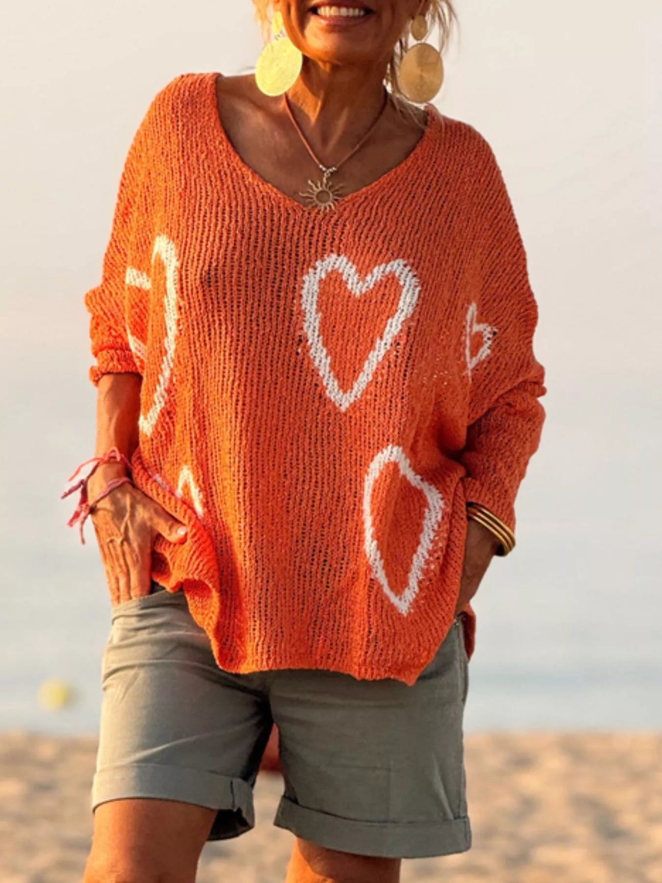 HEART V-NECK DROPPED SHOULDER SWEATER Sweaters