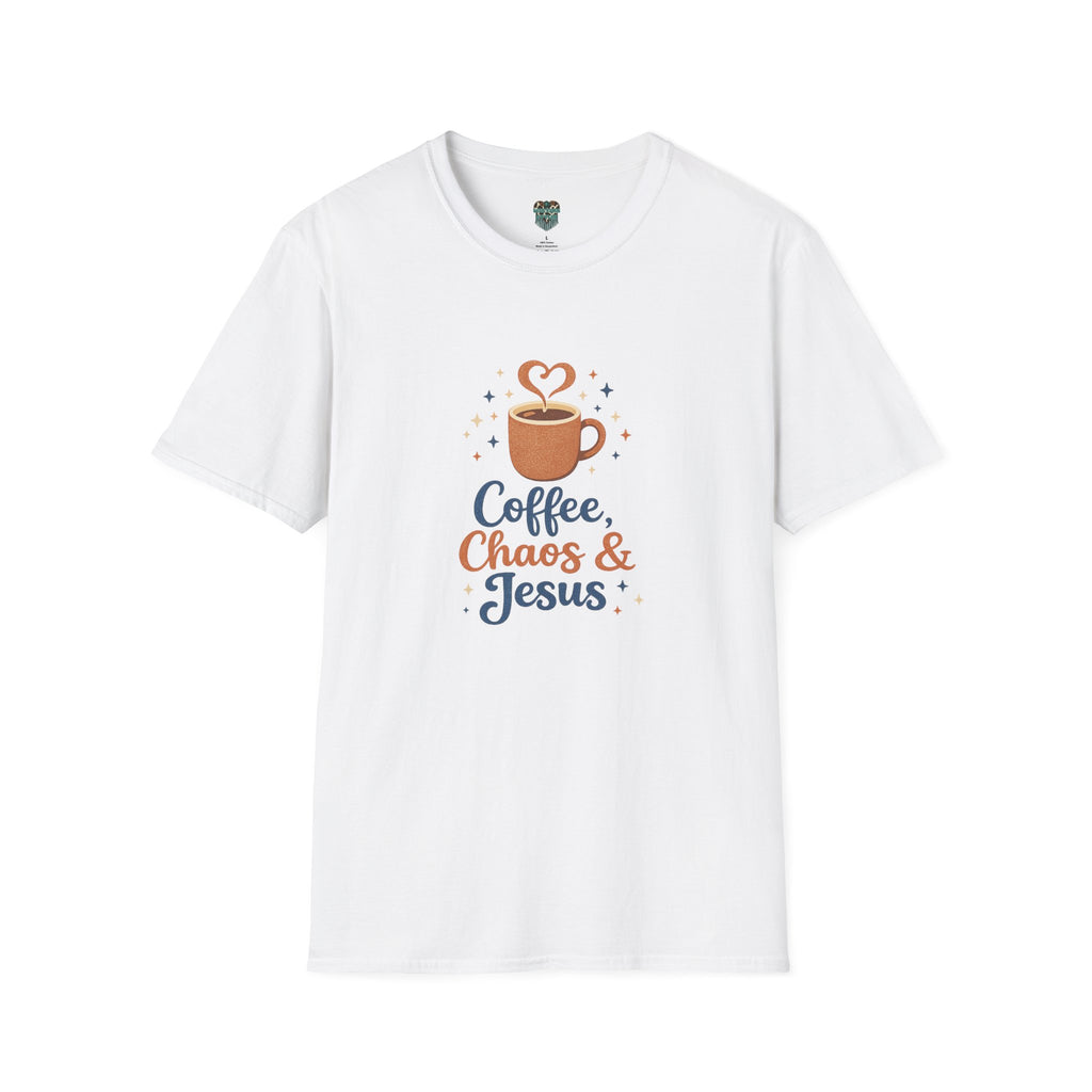 A white short-sleeve crewneck t-shirt featuring a graphic on the chest with a coffee cup, a heart-shaped steam swirl, and the text 'Coffee, Chaos & Jesus' in blue and orange lettering.