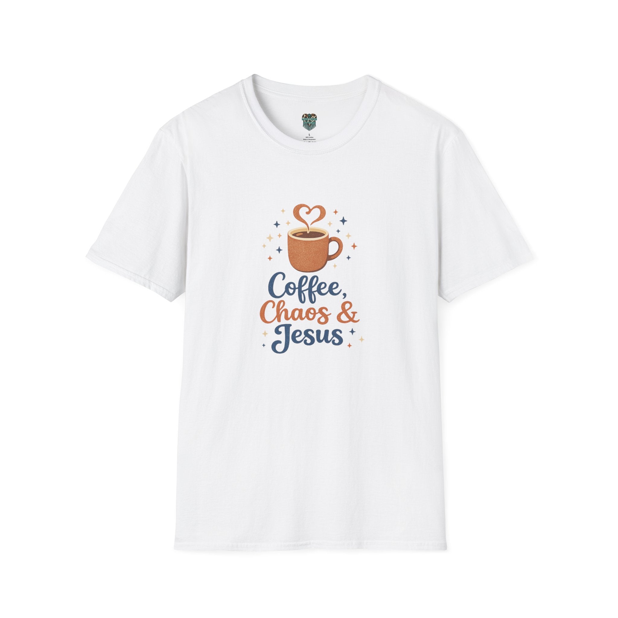 A white short-sleeve crewneck t-shirt featuring a graphic on the chest with a coffee cup, a heart-shaped steam swirl, and the text 'Coffee, Chaos & Jesus' in blue and orange lettering.