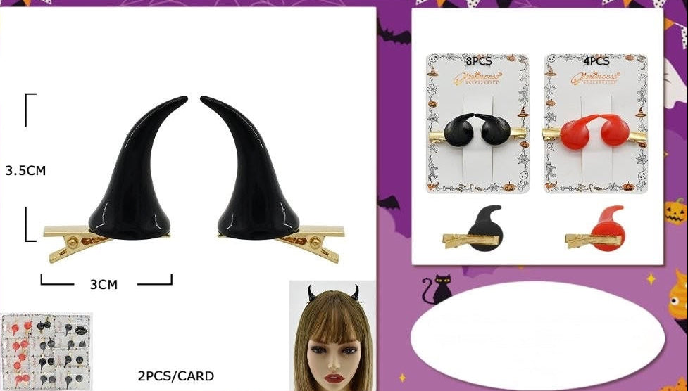 Horned hair clips in black or orange for cosplay or halloween.