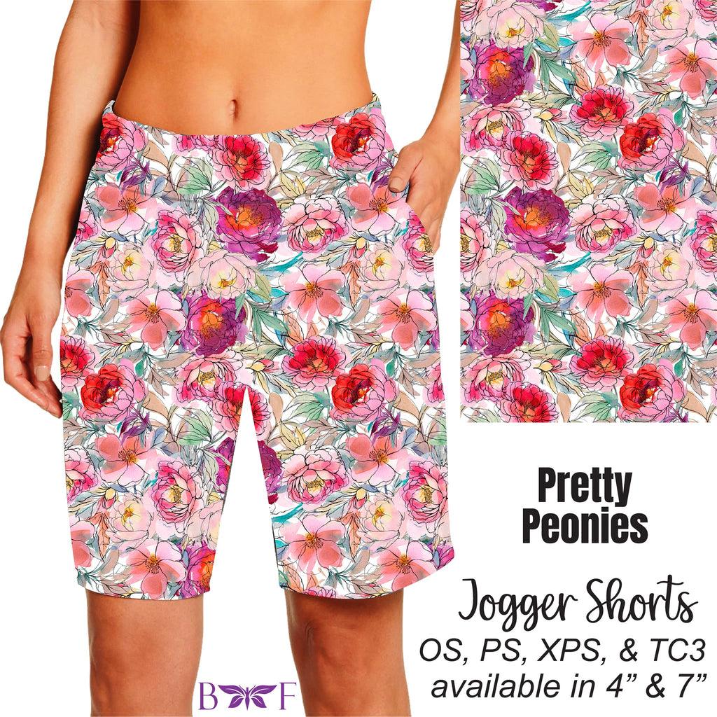 Pretty Peonies skorts leggings, capris, 7" jogger shorts, and biker shorts with pockets