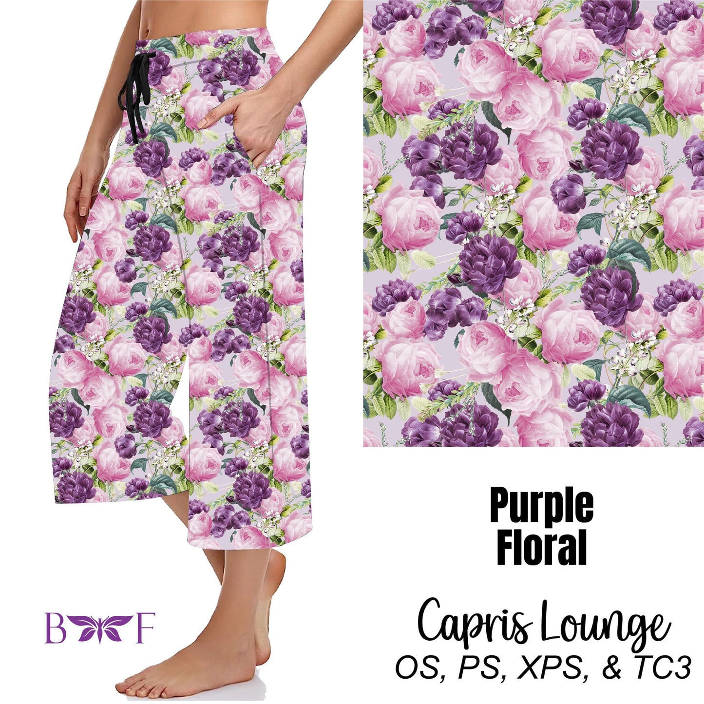 Purple Floral Leggings, Capris, and Biker Shorts