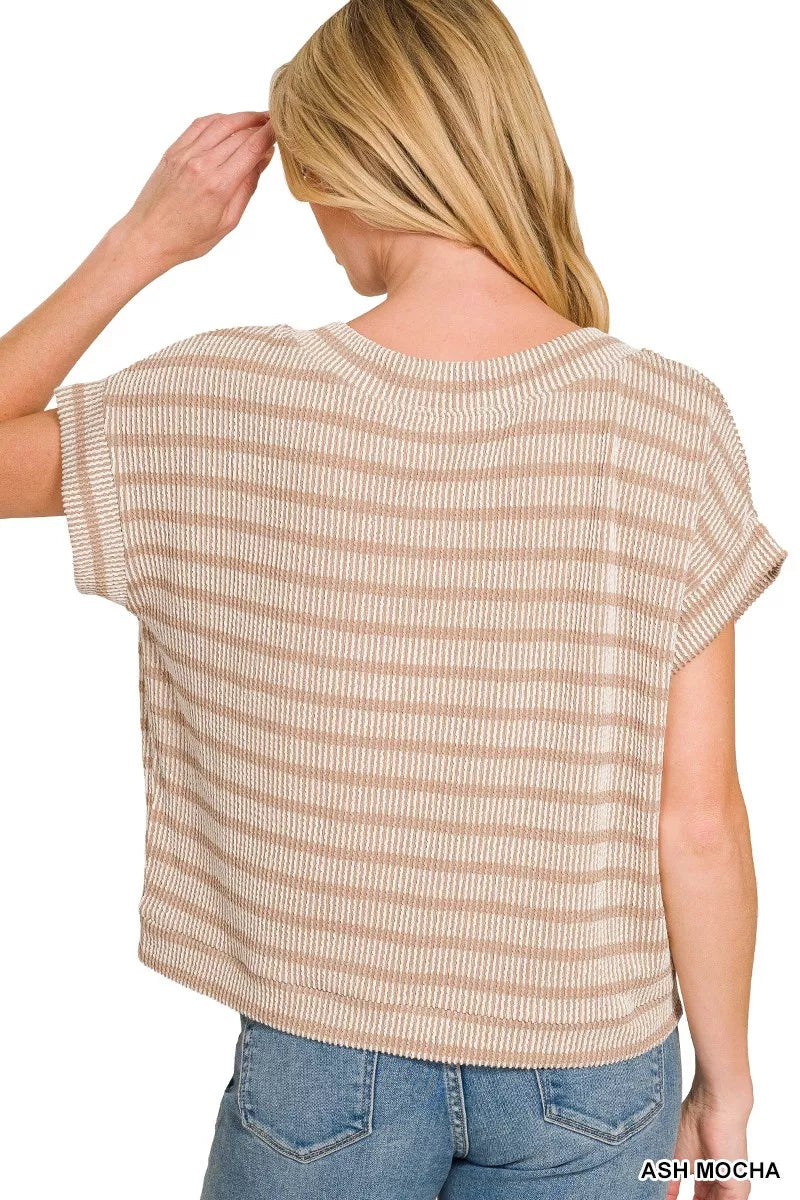 ZENANA RAISED RIB STRIPED TOP SHIRT