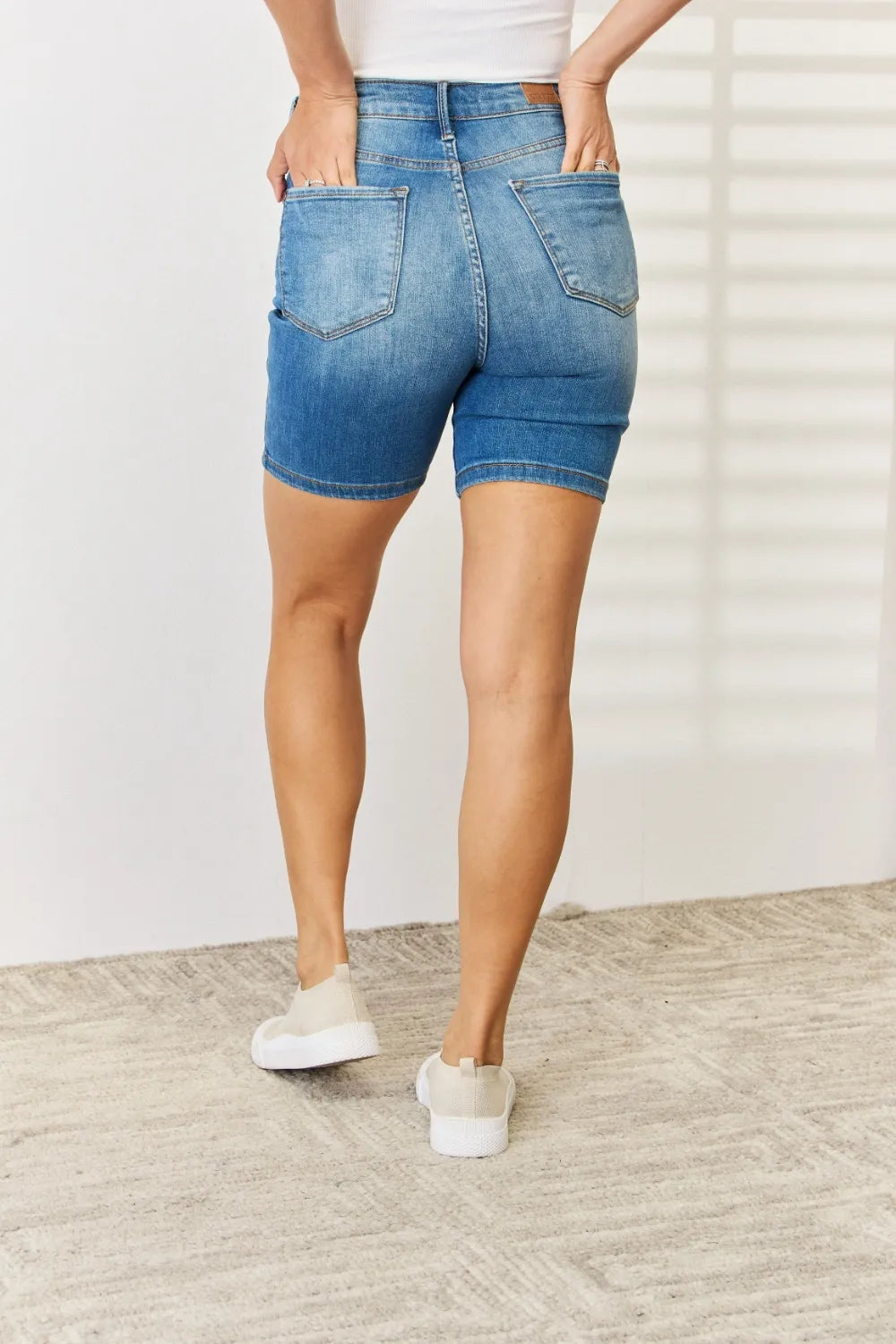 JUDY BLUE TUMMY CONTROL DOUBLE BUTTON BERMUDA DENIM SHORTS Judy Blue Denim