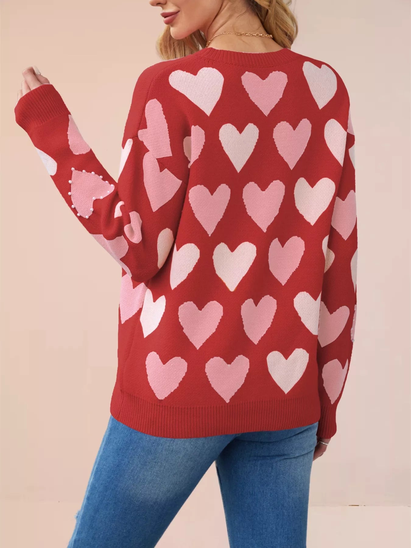 HEART PATTERN BEADED ROUND NECK SWEATER Sweaters
