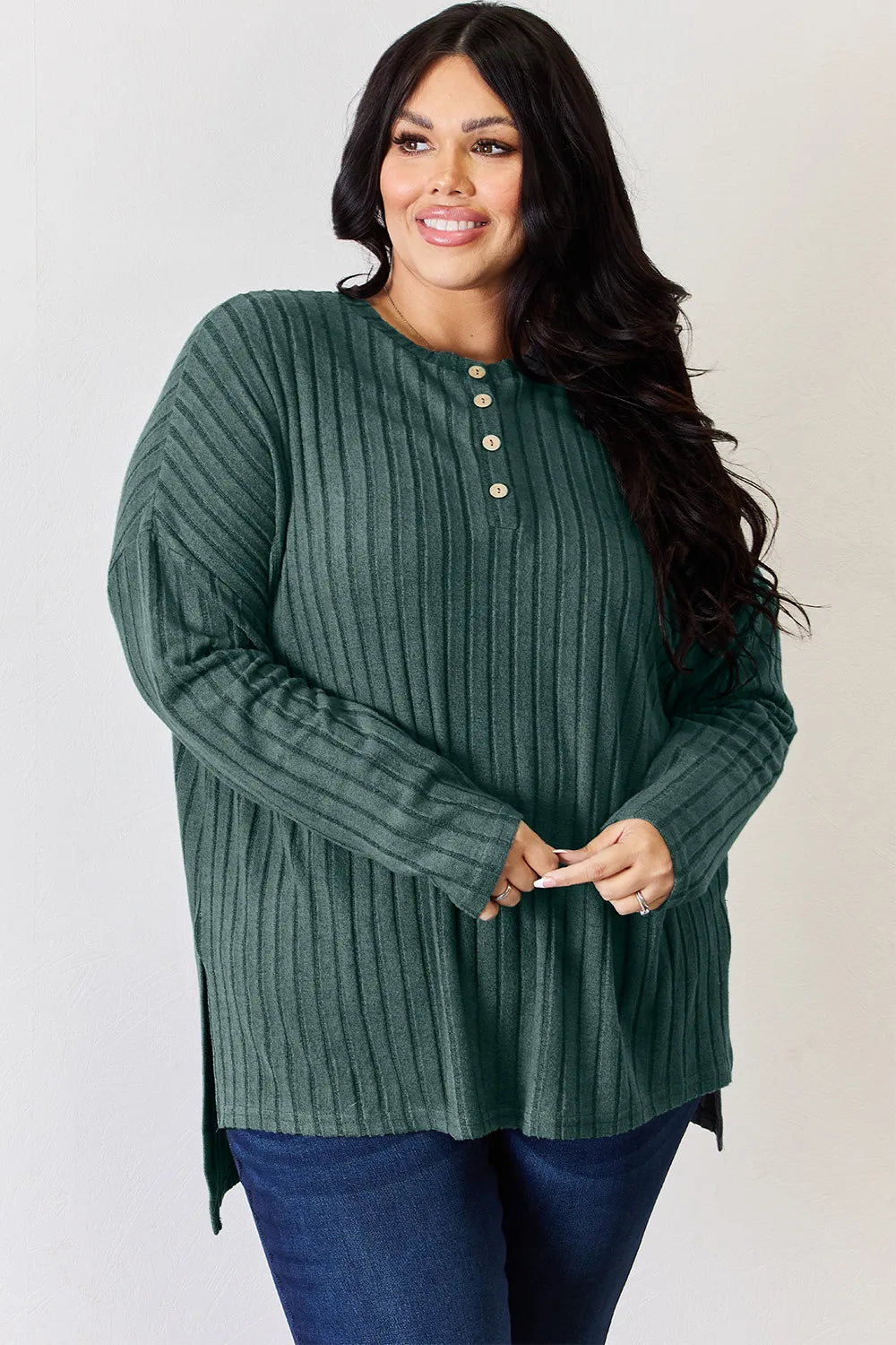BASIC BAE RIBBED HALF BUTTON LONG SLEEVE HIGH/LOW TSHIRT - AS SEEN ON LIVE!! Long Sleeve Top