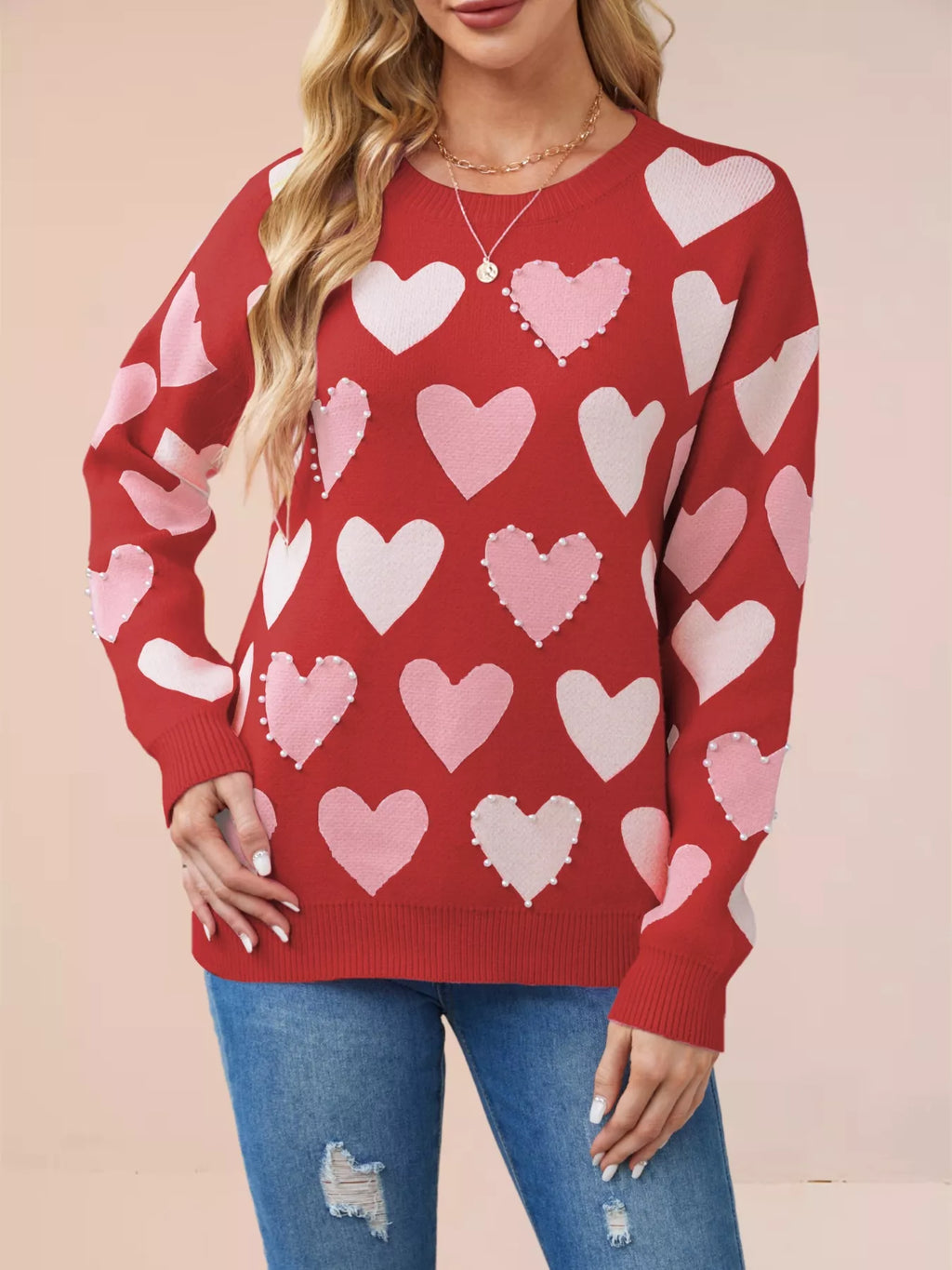 HEART PATTERN BEADED ROUND NECK SWEATER Sweaters