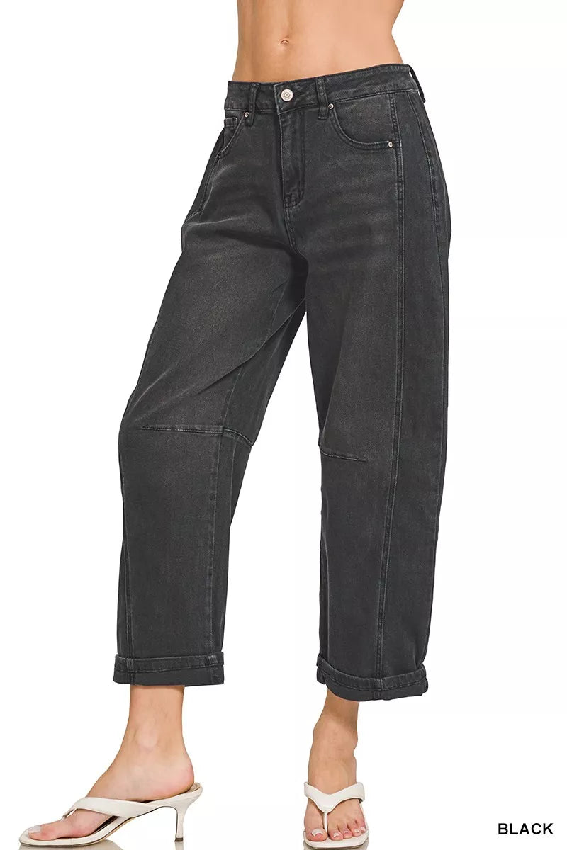 ZENANA HIGH RISE BARREL-LEG CROPPED JEANS Pants