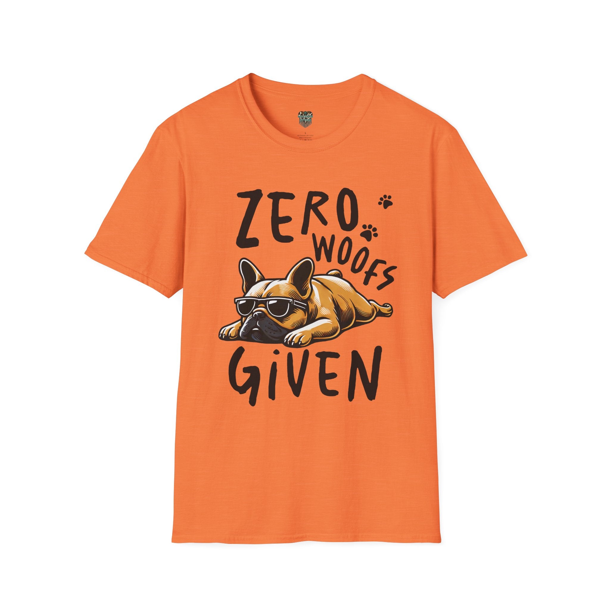 Orange t-shirt with a dog graphic and text 'Zero Woofs Given' on a white background