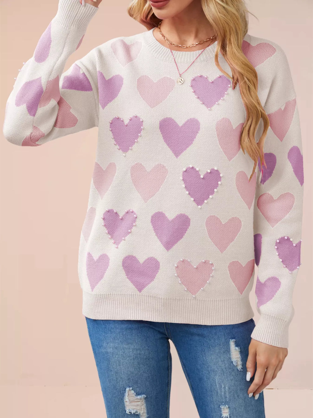 HEART PATTERN BEADED ROUND NECK SWEATER Sweaters