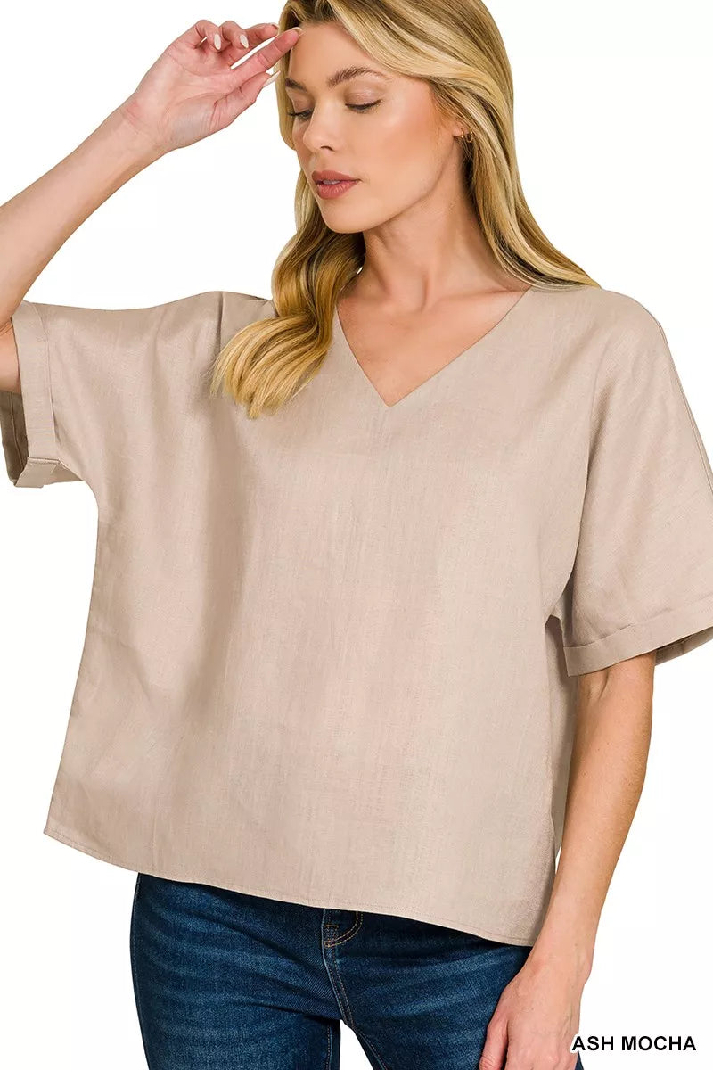 ZENANA LINEN V-NECK CUFFED SLEEVE TOP TOP