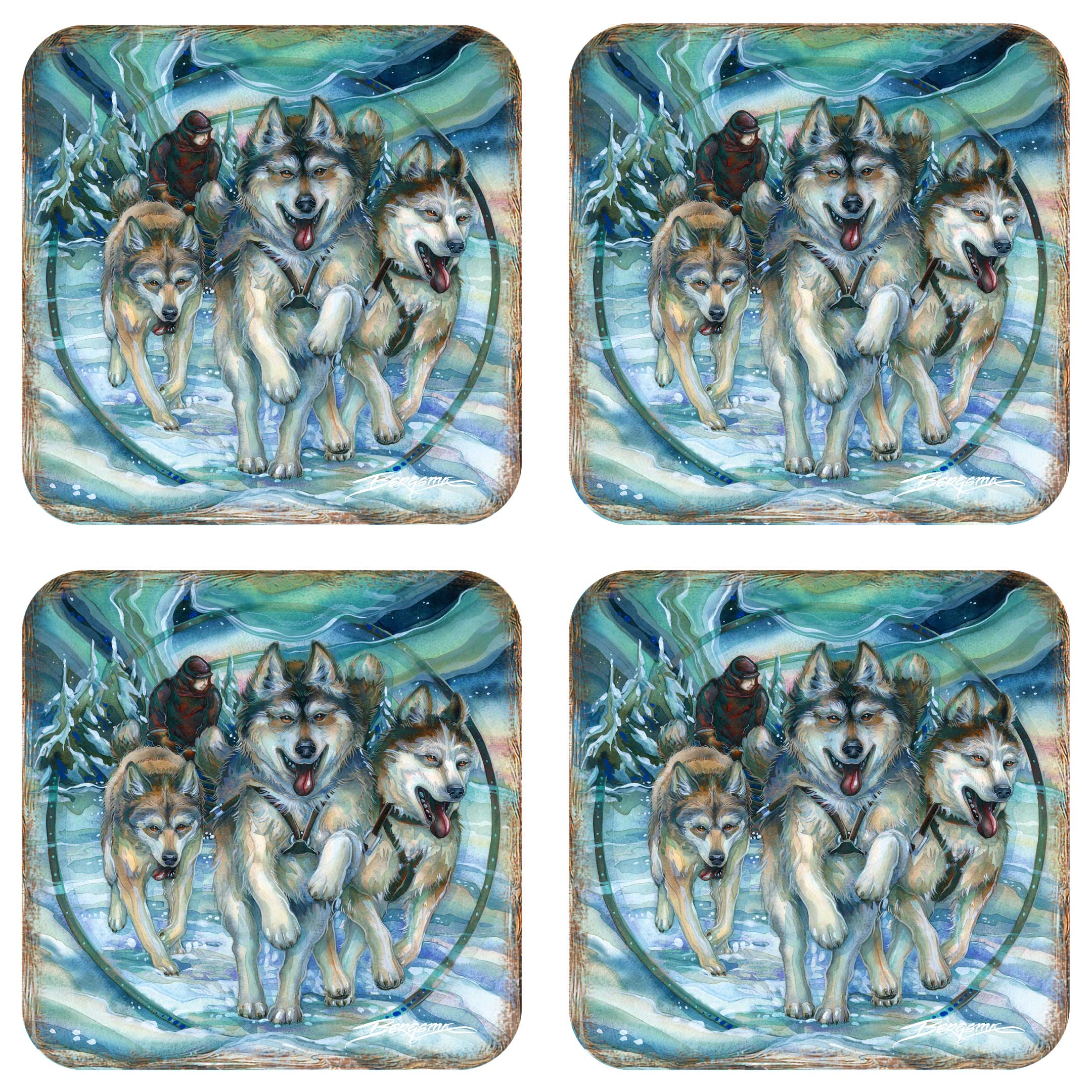 Northern Night Wooden Cork Coasters Gift Set of 4 by J. Bergsma - Wildlife Decor - 8199468C-S4 Coasters