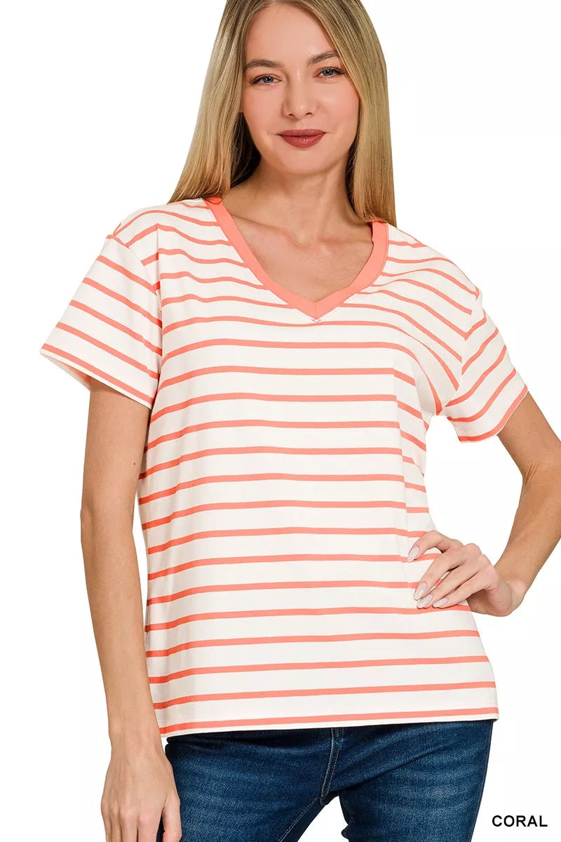 ZENANA STRIPED V-NECK SHORT SLEEVE TEE Short Sleeve Top