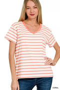 ZENANA STRIPED V-NECK SHORT SLEEVE TEE Short Sleeve Top