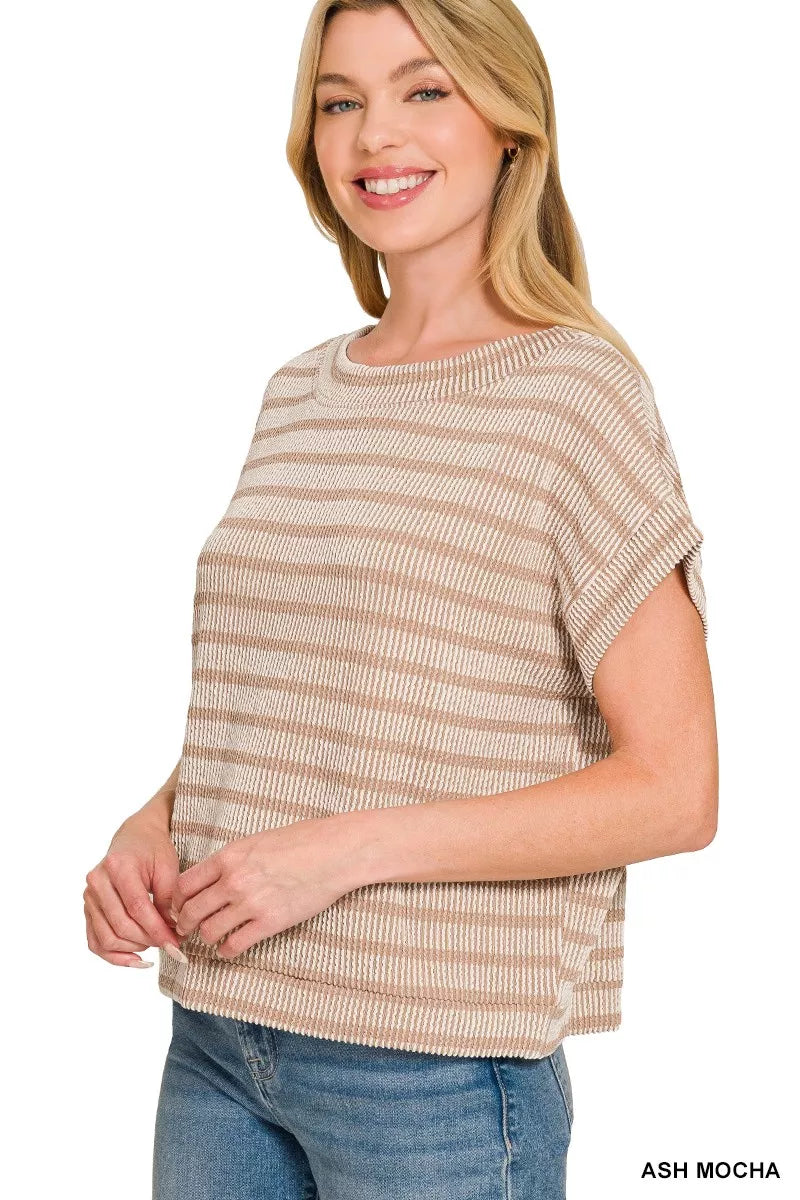 ZENANA RAISED RIB STRIPED TOP SHIRT
