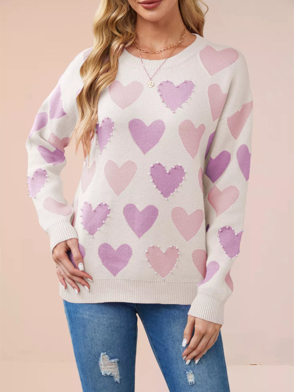 HEART PATTERN BEADED ROUND NECK SWEATER Sweaters