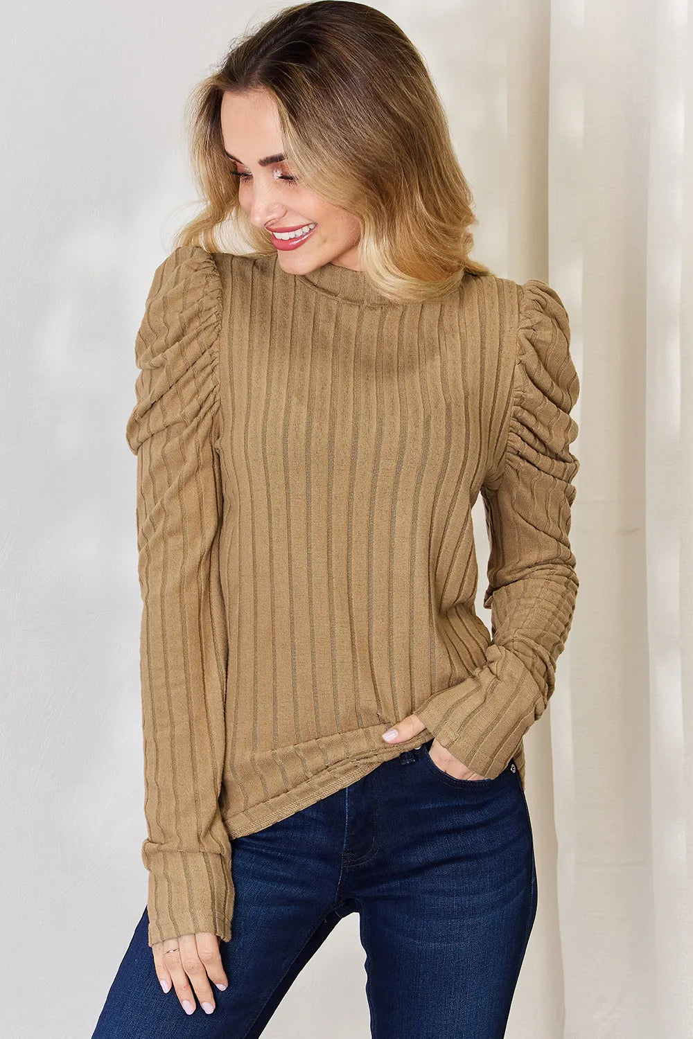 BASIC BAE RIBBED MOCK NECK PUFF SLEEVE T-SHIRT TOP