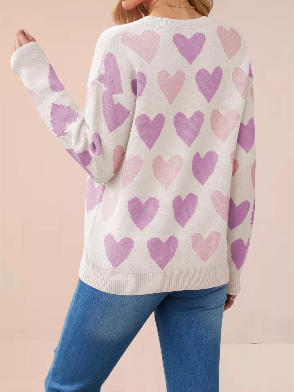 HEART PATTERN BEADED ROUND NECK SWEATER Sweaters