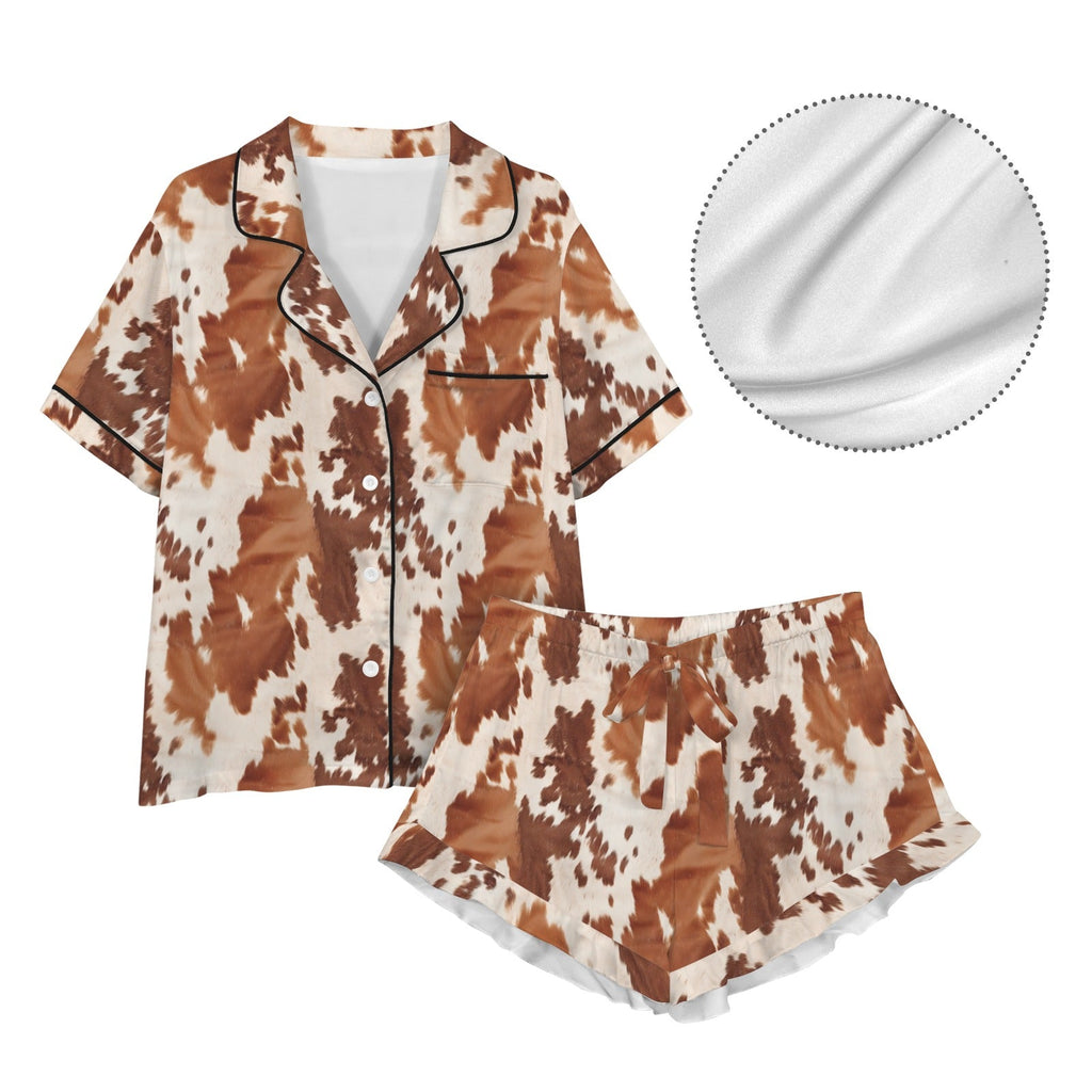 Baha Ranch Cow Hide Print Western Cowgirl Satin Pajama Set Pajama Sets