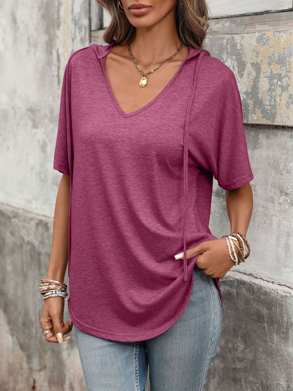 CASUAL SHORT SLEEVE HOODED T-SHIRT Tops
