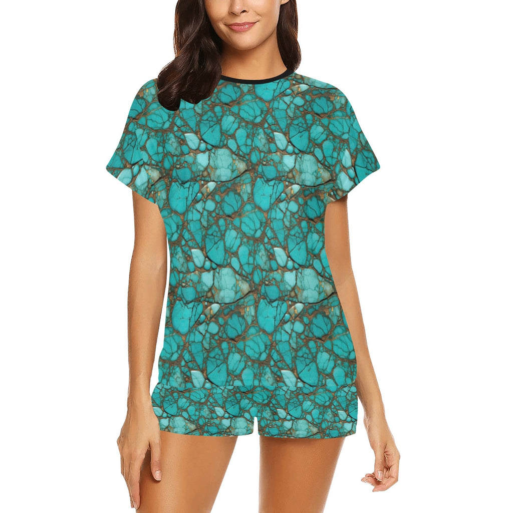 TURQUOISE WOMEN'S TOP AND SHORTS LOUNGE SET TOP