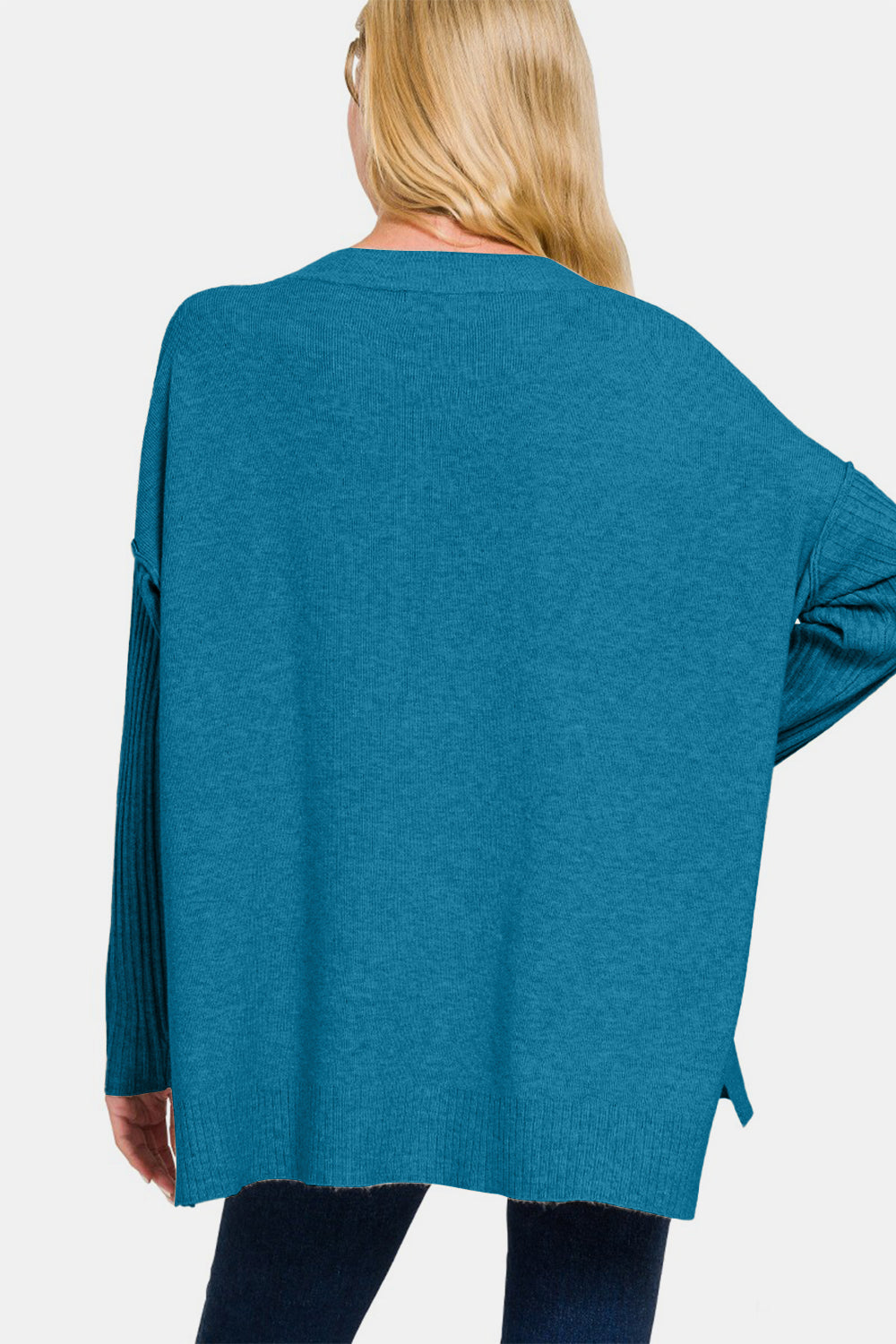 Zenana V-Neck Side Slit High-Low Sweater