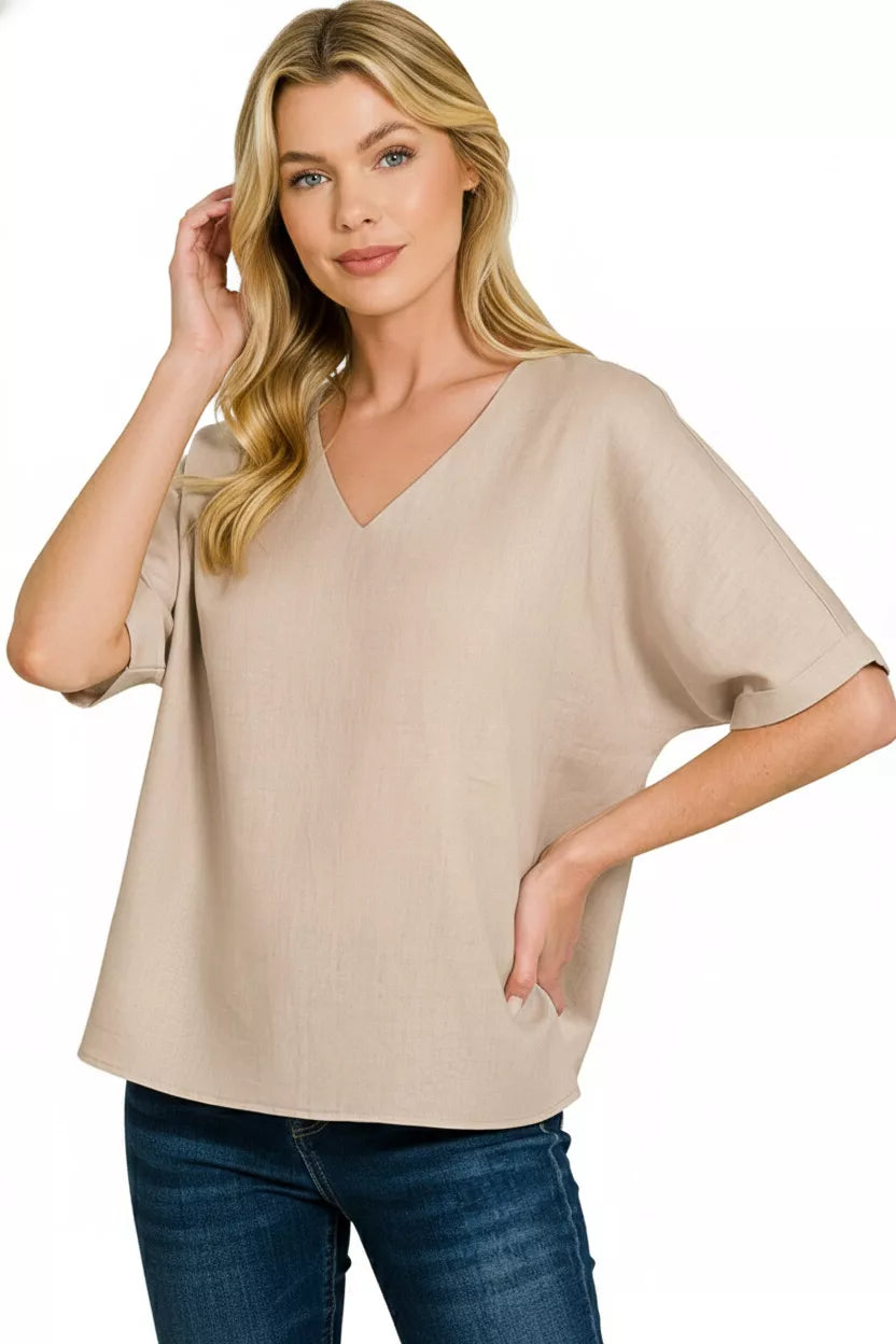 ZENANA LINEN V-NECK CUFFED SLEEVE TOP TOP