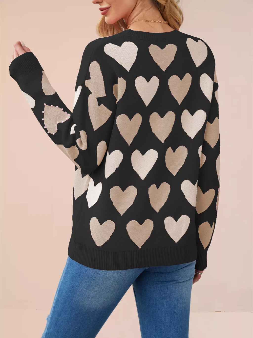 HEART PATTERN BEADED ROUND NECK SWEATER Sweaters