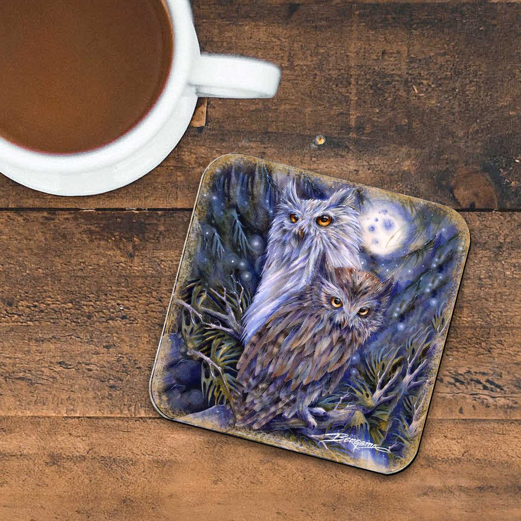 Night Watch Owls Wooden Cork Coasters Gift Set of 4 by J. Bergsma - Wildlife Decor - 8199465C-S4 Coasters