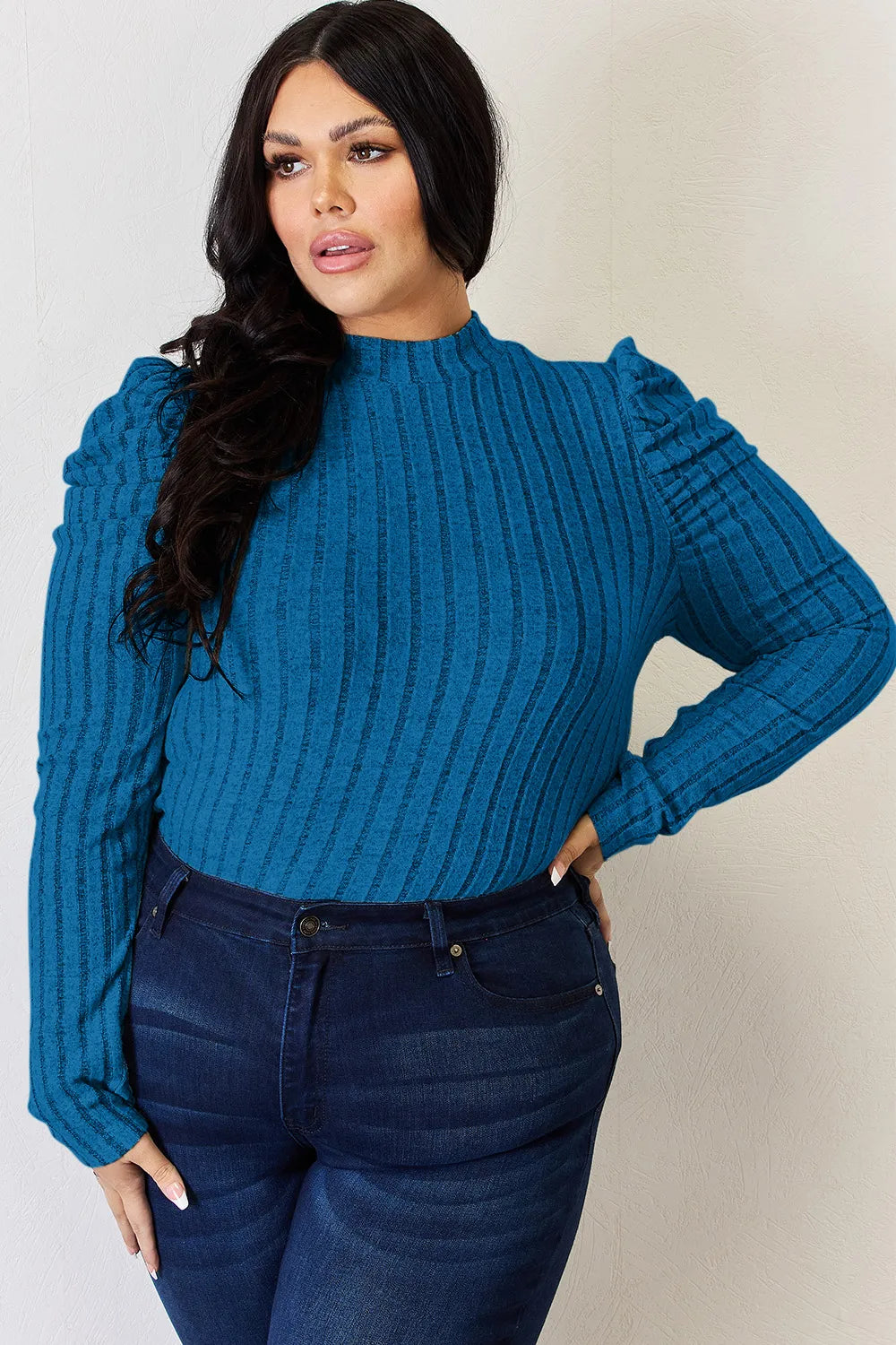 BASIC BAE RIBBED MOCK NECK PUFF SLEEVE T-SHIRT TOP