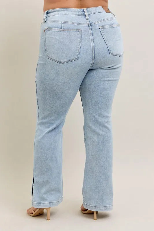Judy Blue Full Size Tummy Control Vintage Wash Side Slit Slim Boot Jeans Plus Size Judy Blue Denim
