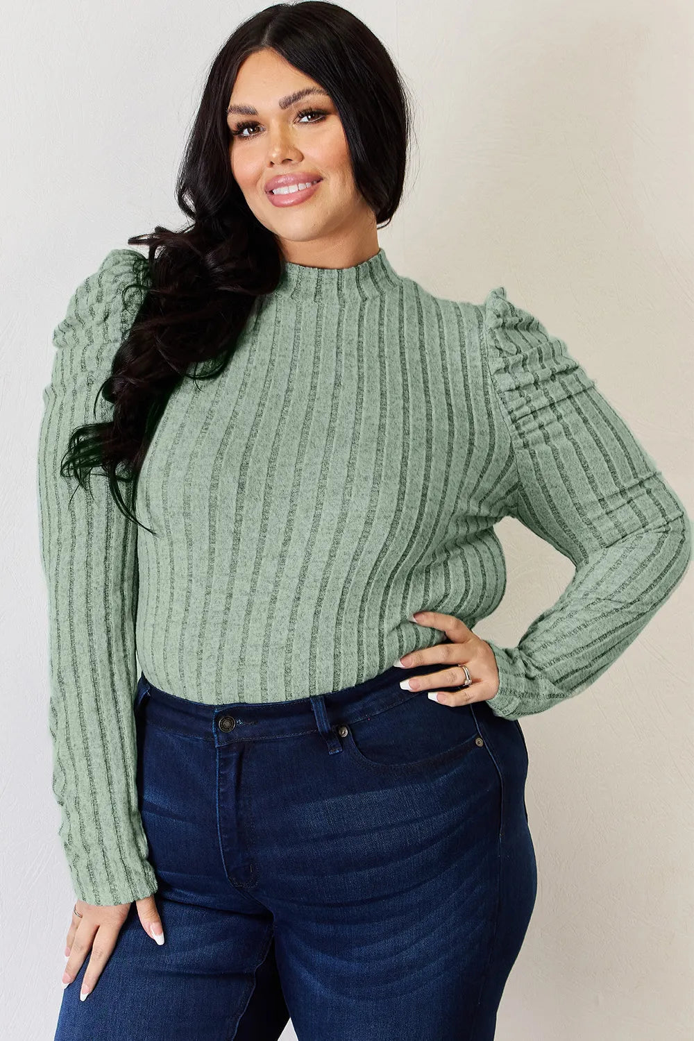 BASIC BAE RIBBED MOCK NECK PUFF SLEEVE T-SHIRT TOP