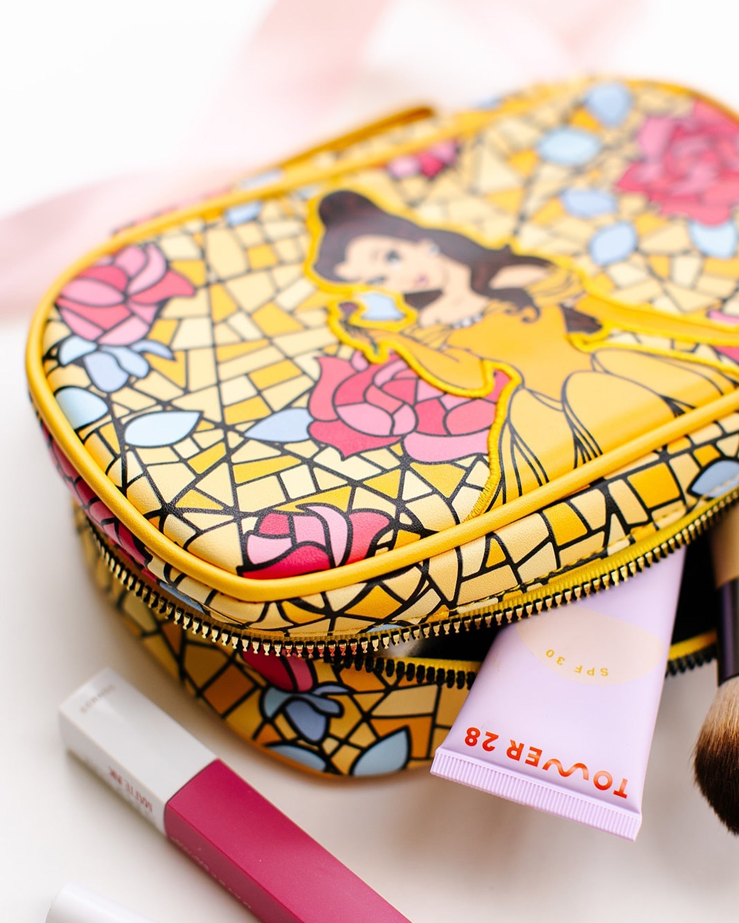 Disney Vegan Leather Travel Cosmetic Bag, Make-Up Bag for Women, Beauty and the Beast Belle Rose Pose Applique Stained Glass Print, Vegan Leather