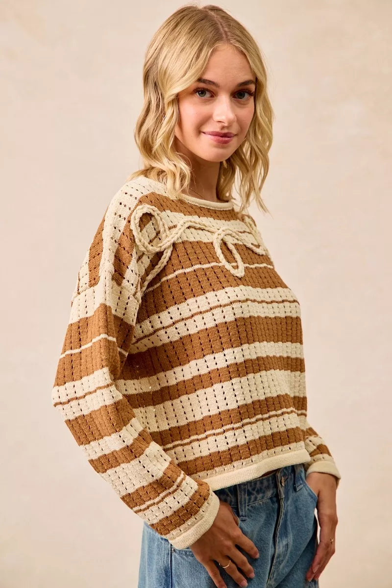 BIBI STRIPED OPEN KNIT SWEATER TOP WITH FRONT BRAIDED DETAIL Long Sleeve Top