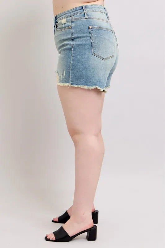 Judy Blue Plus Size High Rise Washed Fly Stitch Detail and Destroy Denim Shorts