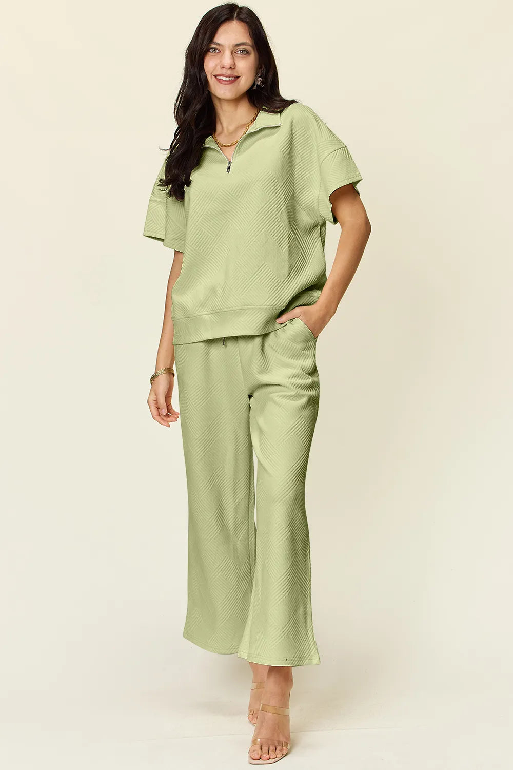 Double Take Full Size Texture Half Zip Short Sleeve Top and Pants Set Short Sleeve Top