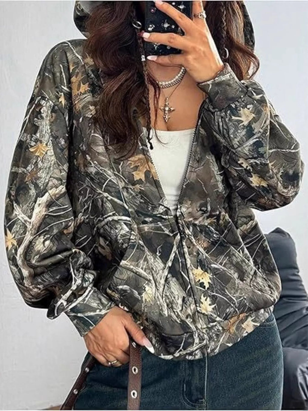 VINTAGE MOSSY OAK PRINTED ZIP UP HOODIE