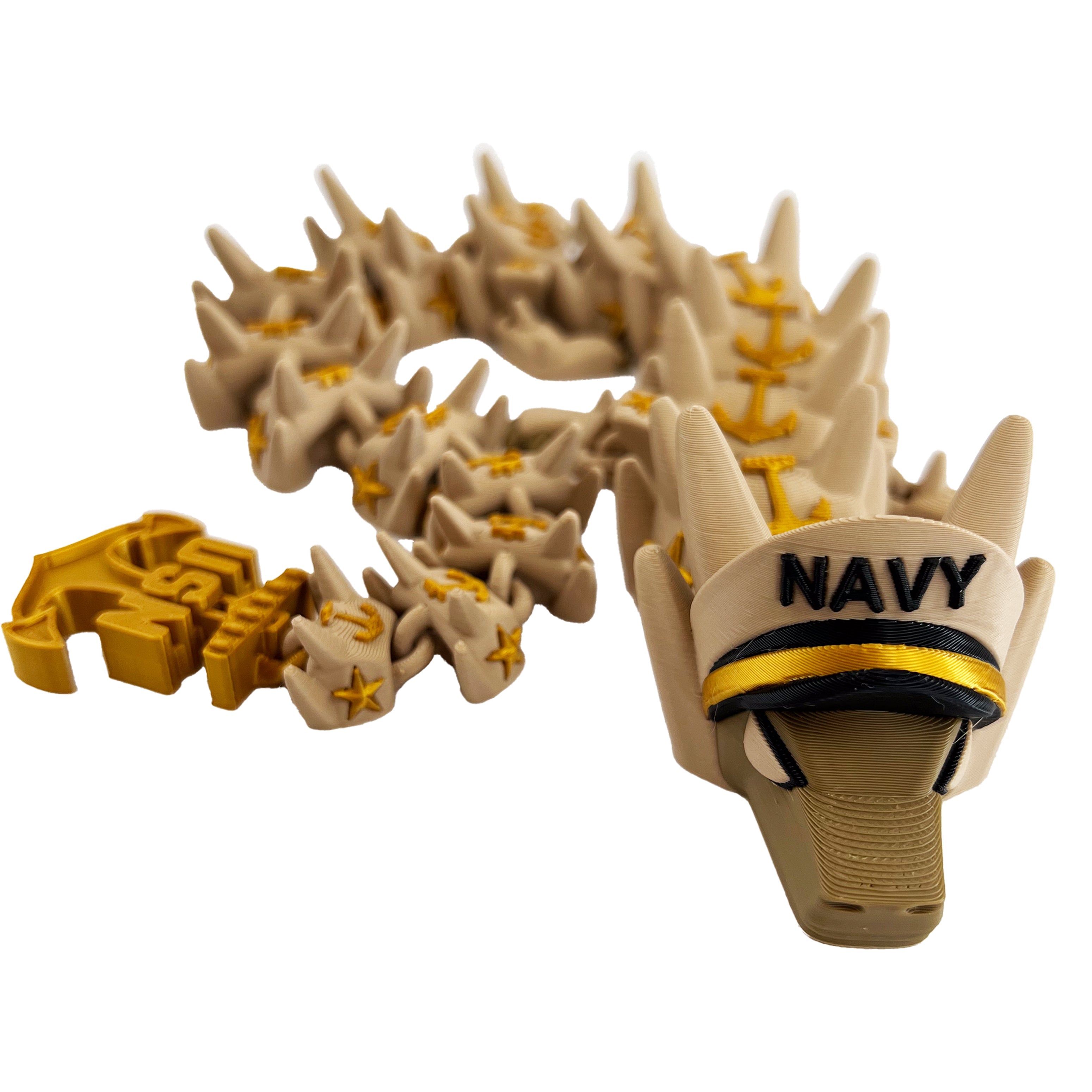 Toy snake with a 'Navy' cap on a white background