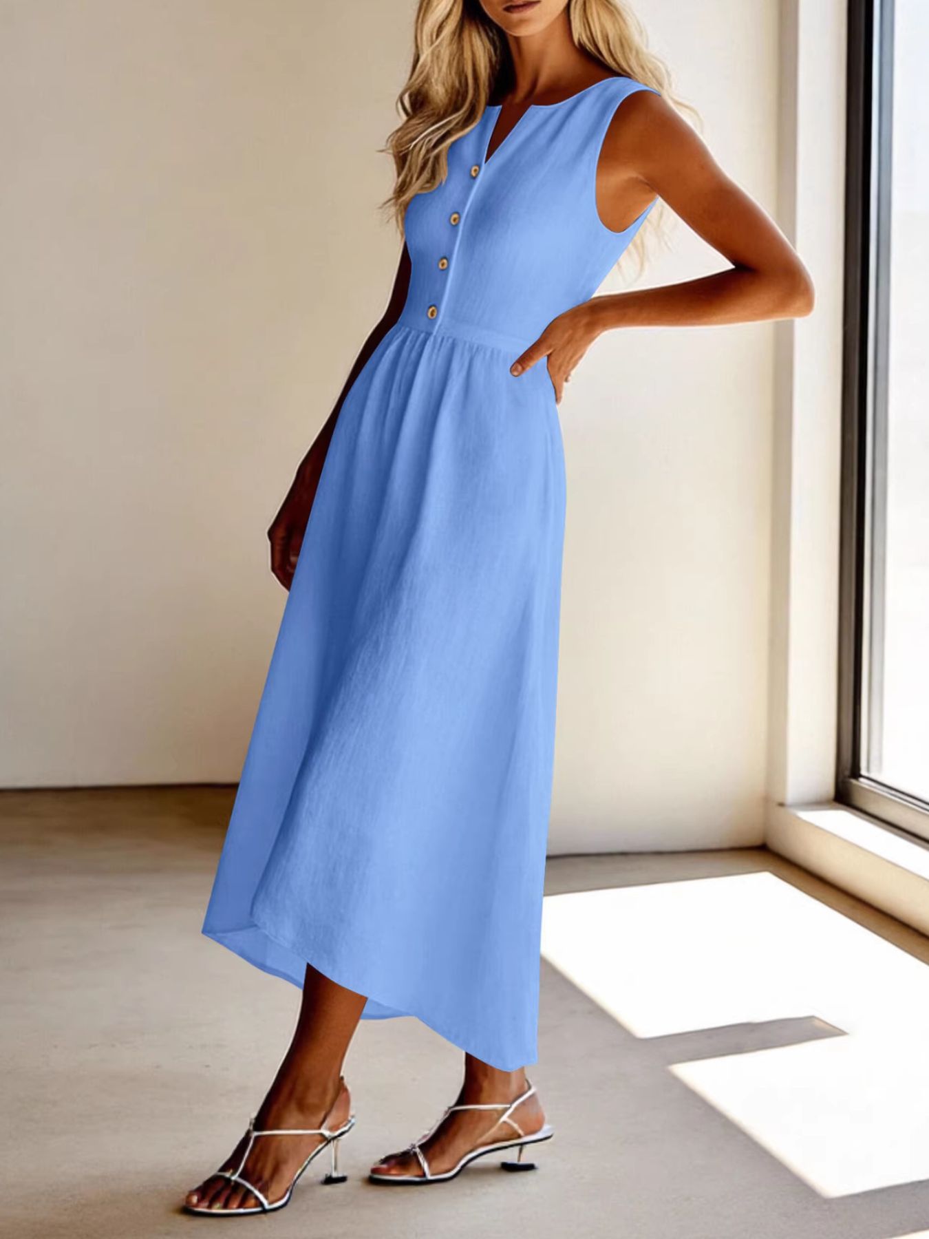 Sleeveless Button Front Flowy Midi Dress