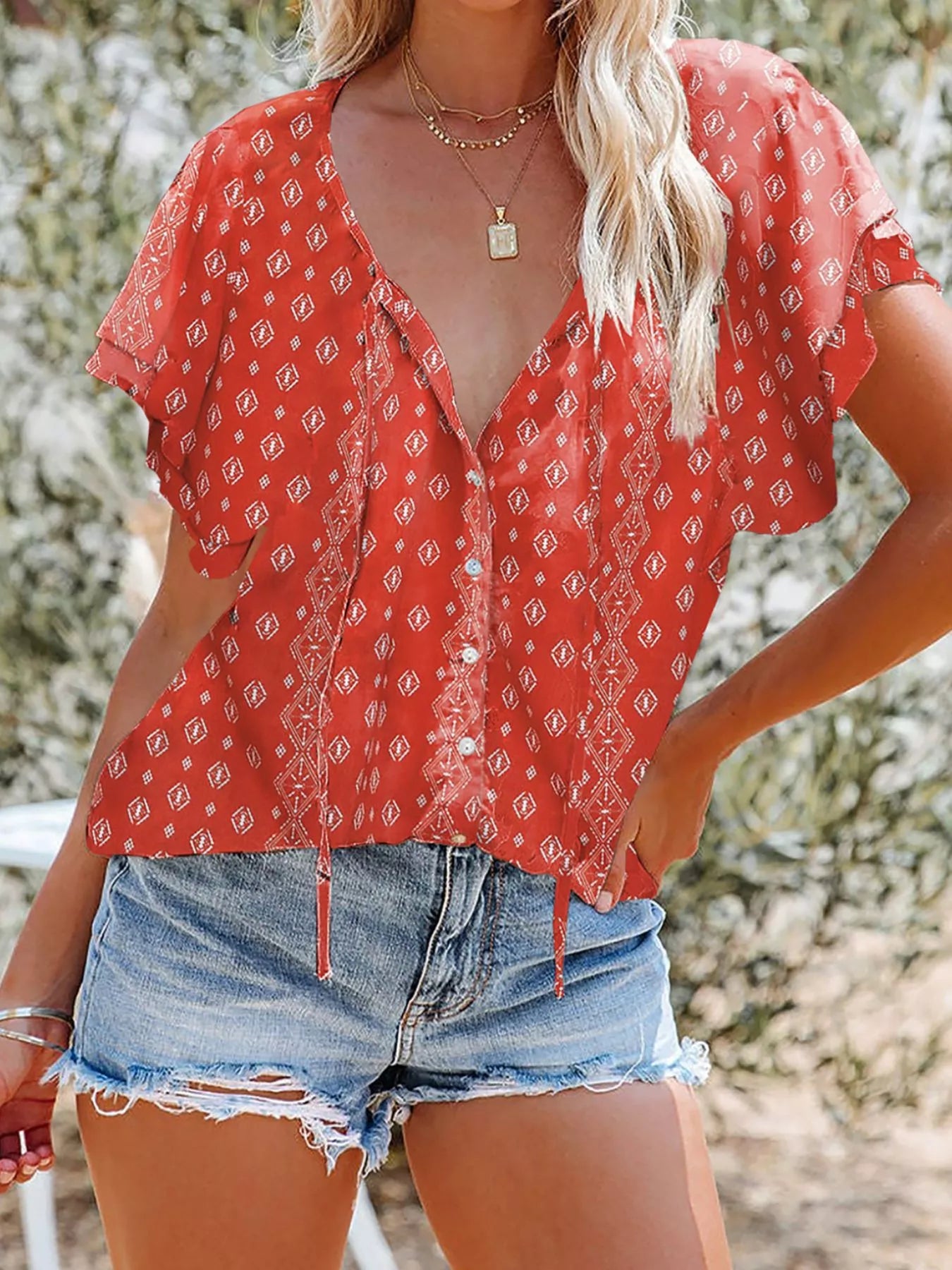 Full Size Floral Print V-Neck Shirt Plus Size