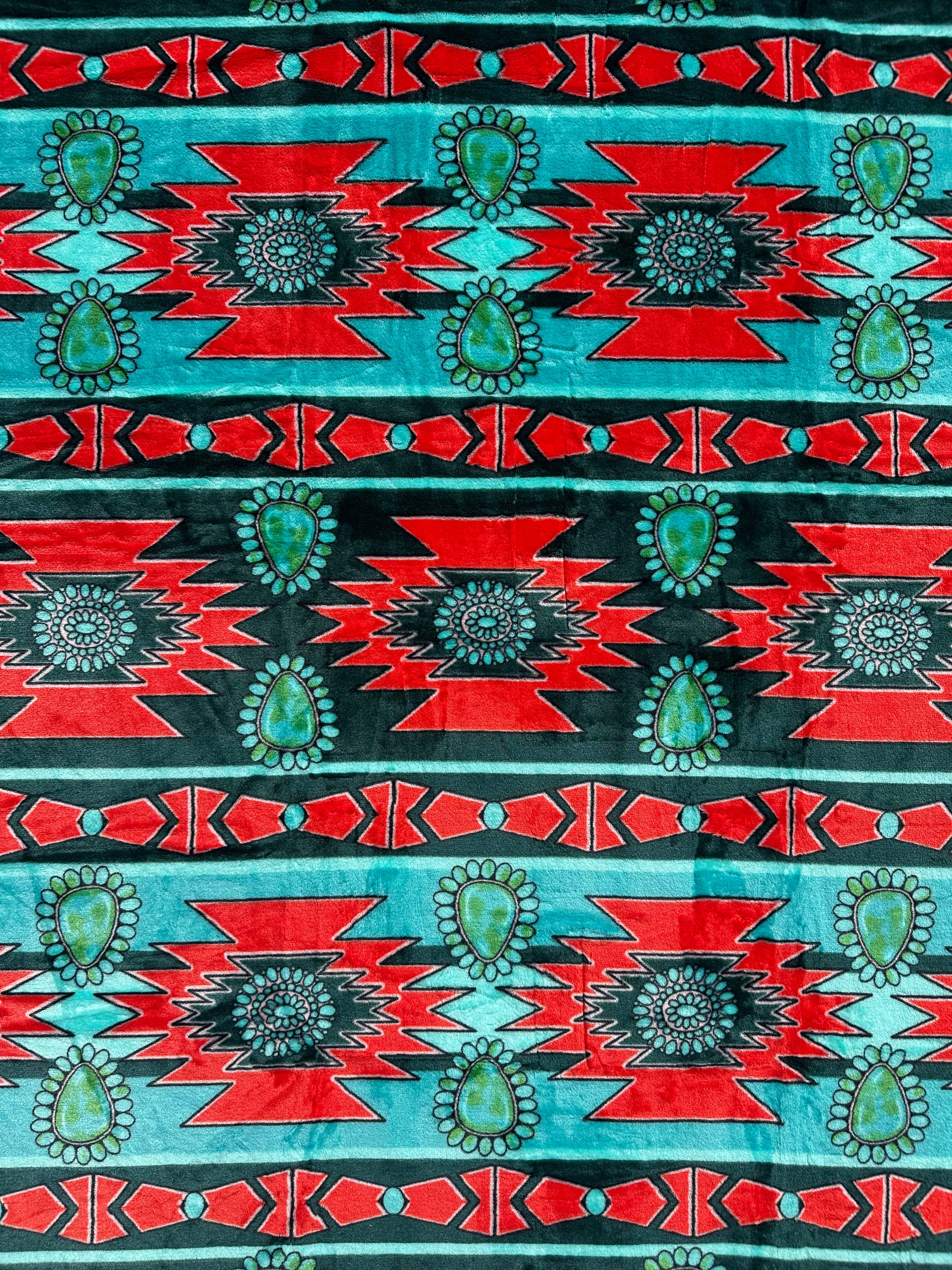 Teal & Red Southwest Concho King Size Super Plush Blanket