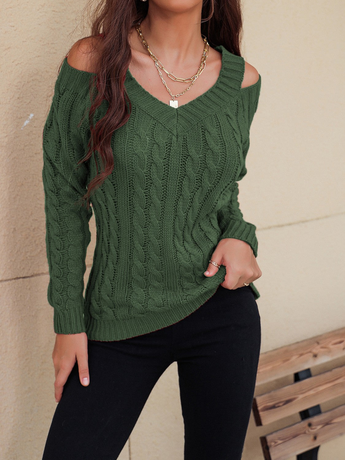 Honey Cable-Knit V-Neck Cold Shoulder Sweater