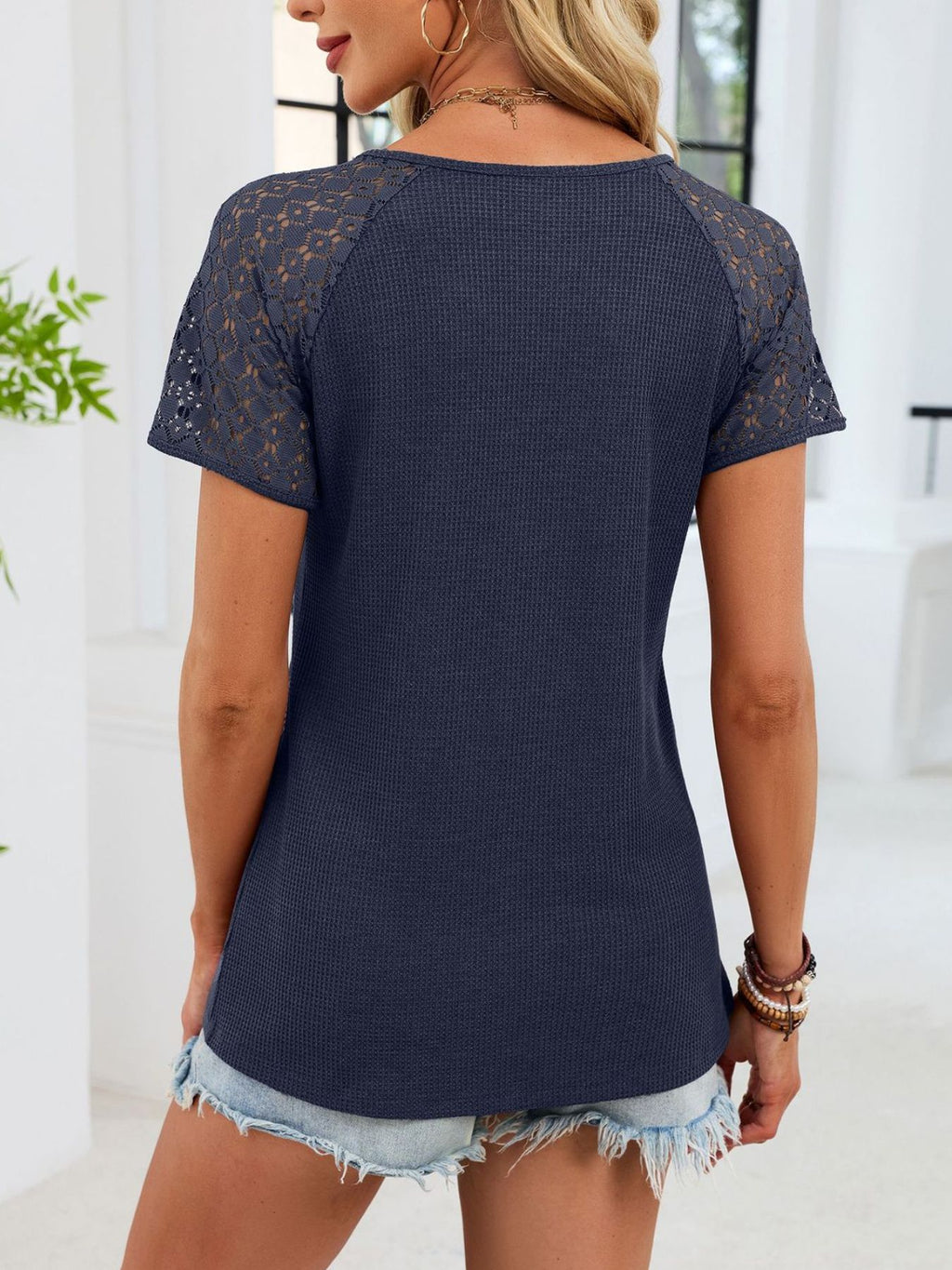 LACE SLEEVE V-NECK WAFFLE KNIT T-SHIRT Tops