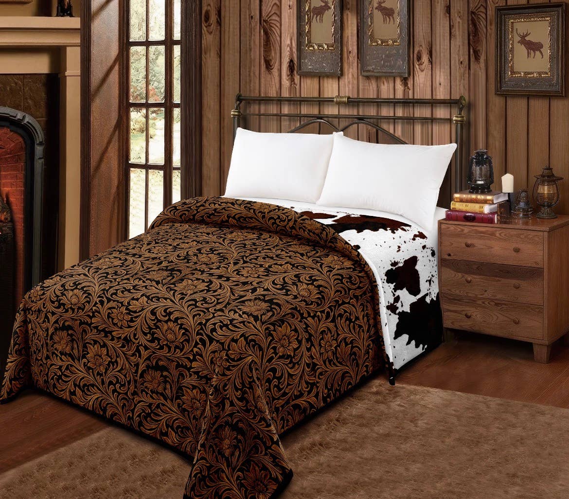 BROWN FLORAL AND COW PRINT REVERSIBLE OVERSIZED KING BLANKET Blanket