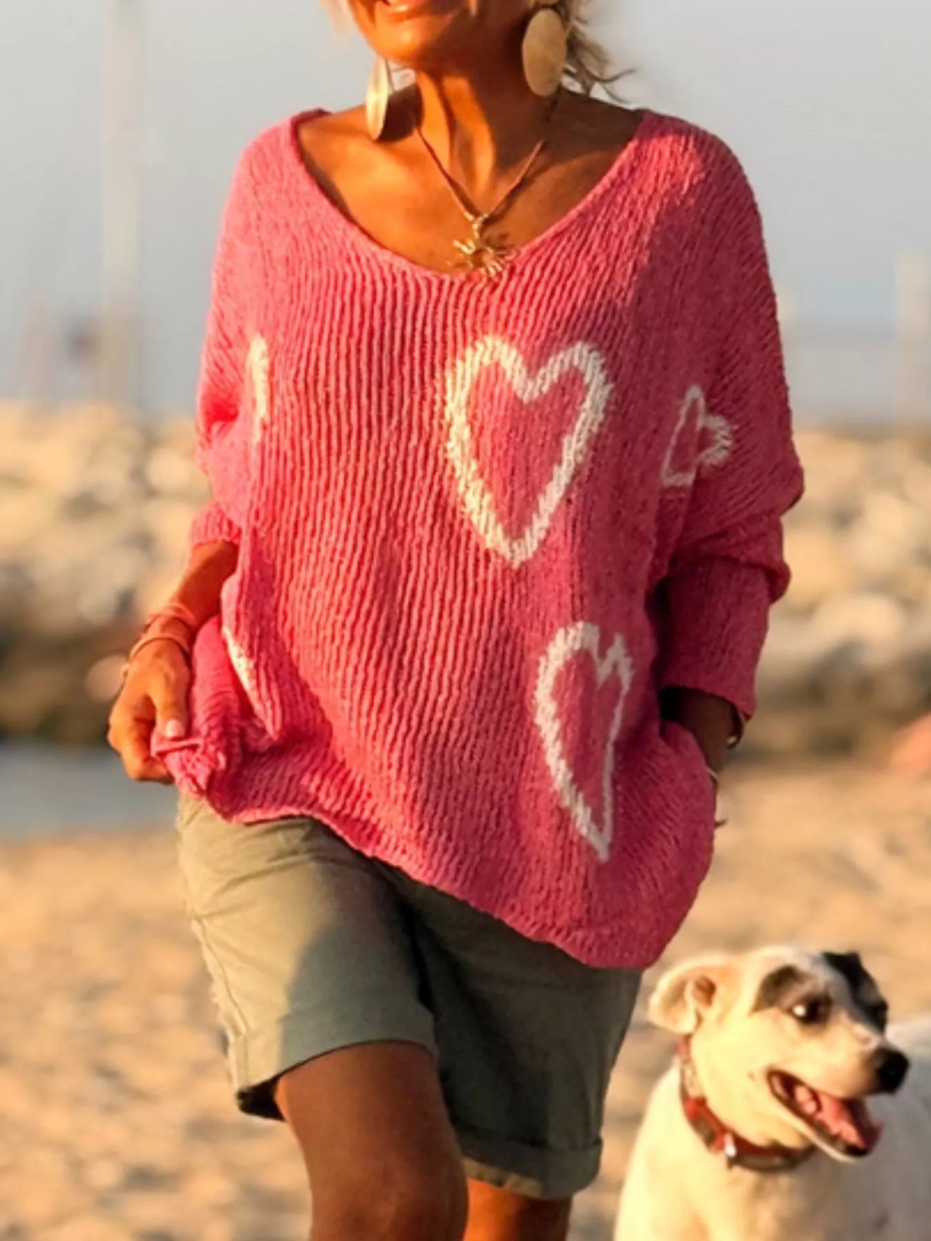 HEART V-NECK DROPPED SHOULDER SWEATER Sweaters