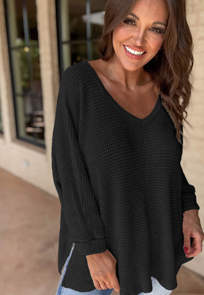 Side Slit V-Neck Long Sleeve Top