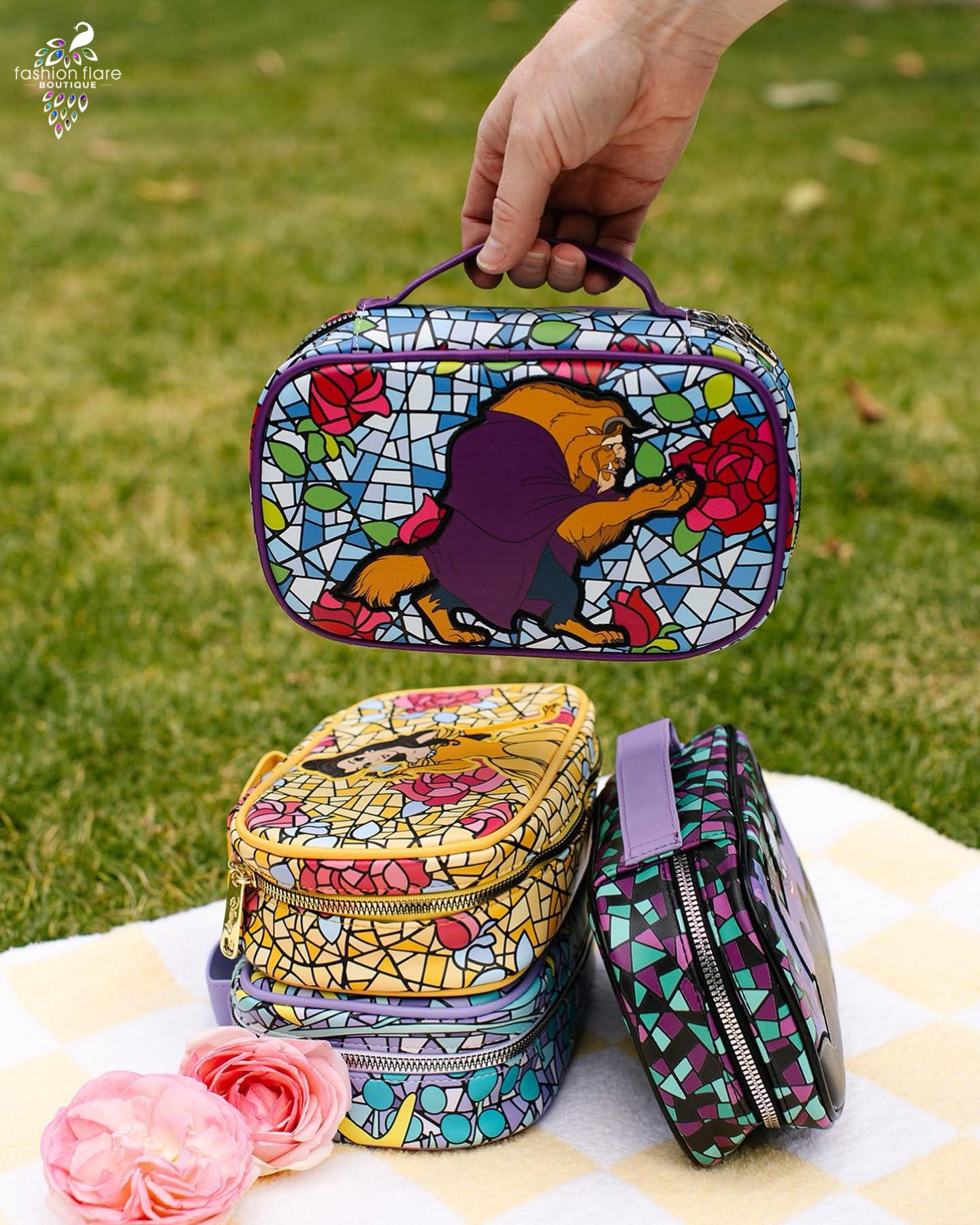 Disney Vegan Leather Travel Cosmetic Bag, Make-Up Bag for Women, Beauty and the Beast Villain Beast Enchanted Rose Pose Applique with Stained Glass Print Blues