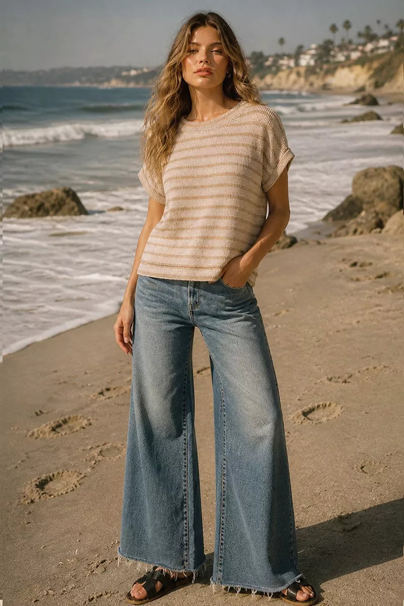 ZENANA RAISED RIB STRIPED TOP SHIRT