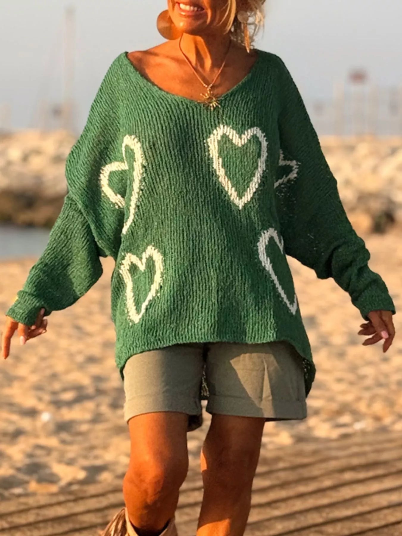 HEART V-NECK DROPPED SHOULDER SWEATER Sweaters