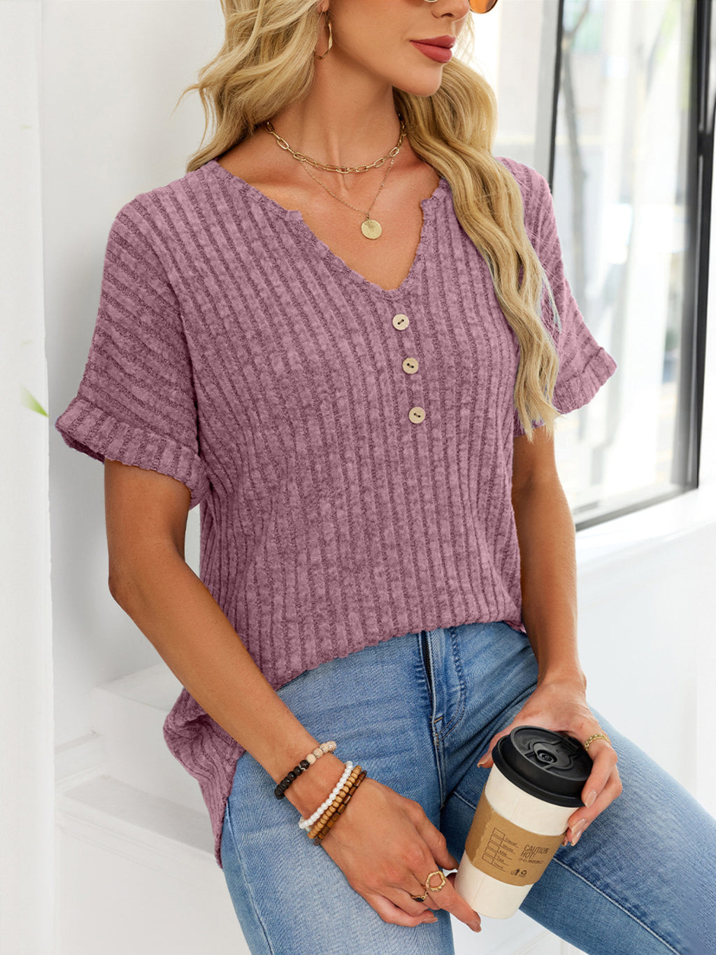 RIBBED KNIT SHORT SLEEVE T-SHIRT TOP